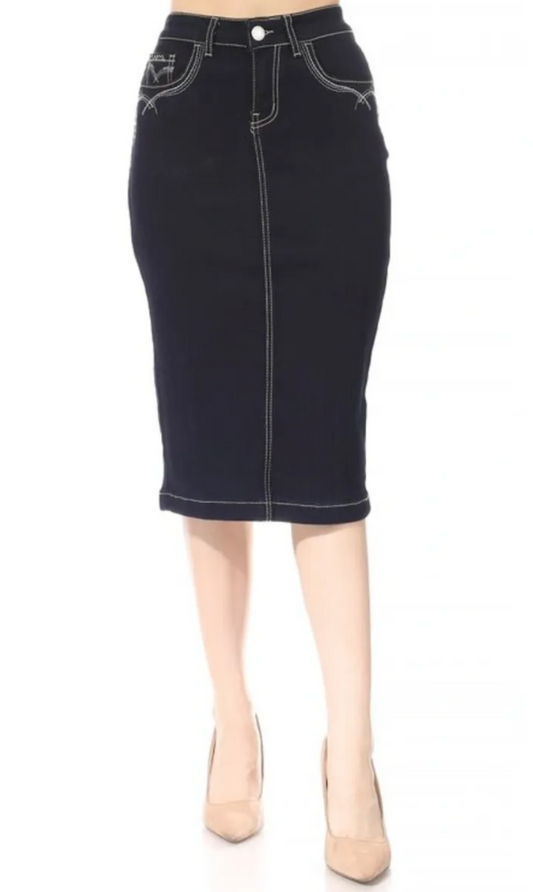 Calf length denim skirt with embroidery pockets