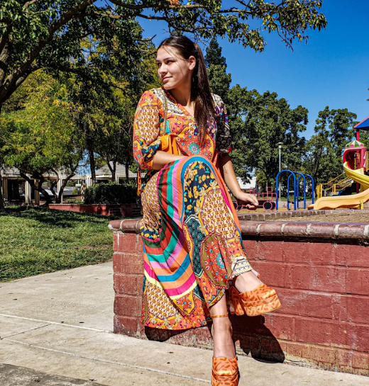 Orange paisley and stripes tiered dress