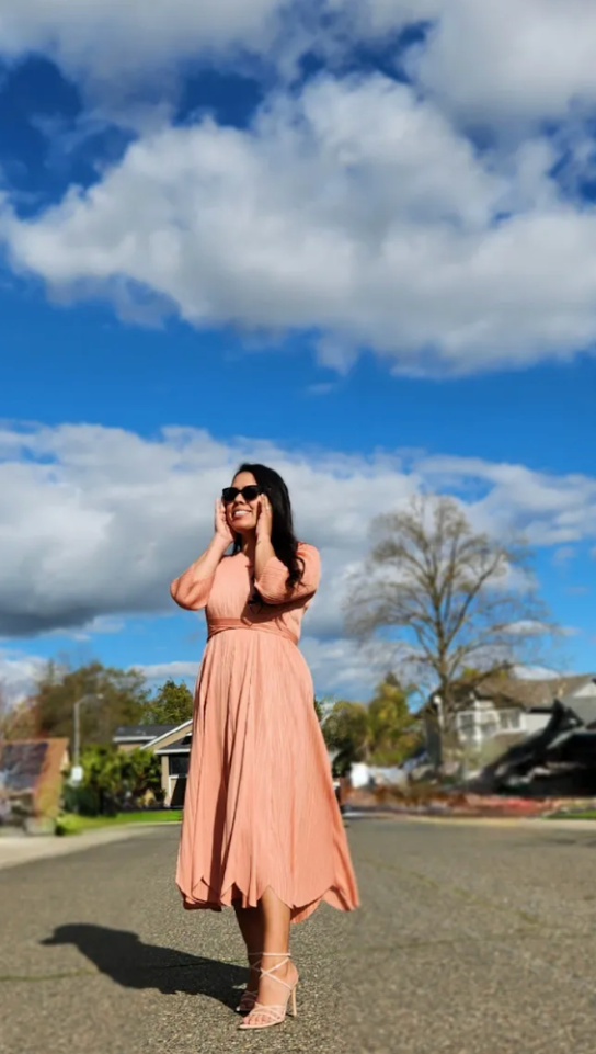 Peach scalloped hemline midi dress with petal detail