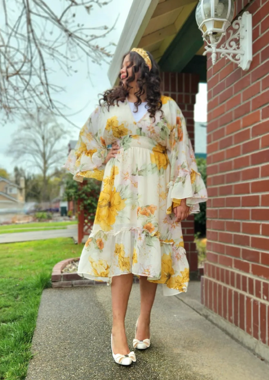 Spring chiffon floral midi dress, yellow